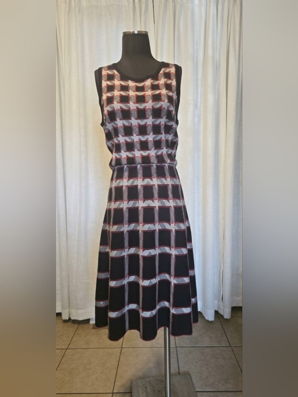 Etcetera Black Midi Dress with Pink and Cream Windowpane Pattern - Picture 2 of 5